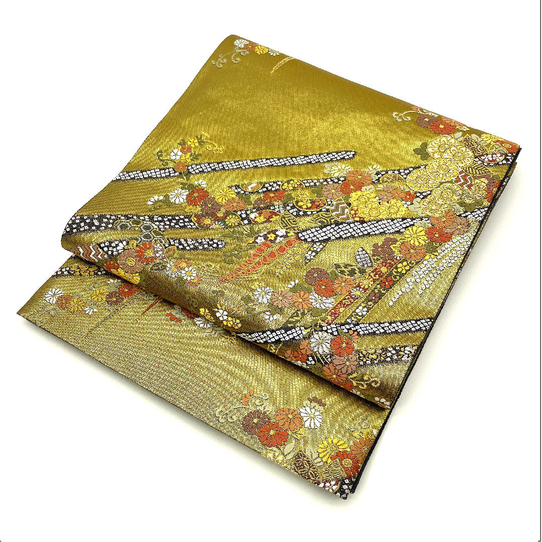 袋帯 藤 菊 帯丈446cm 正絹 Sランク 六通 フォーマル 金系 1123004432321