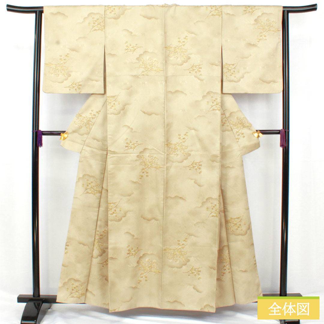 小紋 ポリエステル 身丈158cm 裄丈64cm 袷 蠟色(ろういろ) 洗える着物 草花模様 Sランク 緑系 1115004772319