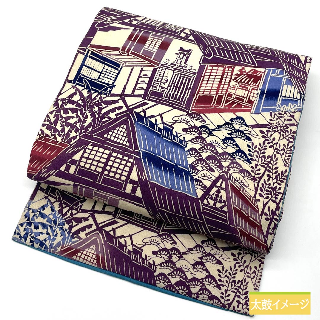 名古屋帯 生成り色(きなりいろ) 型染 風景模様 帯丈353cm 正絹 Aランク 全通 カジュアル ベージュ系 1124007793325 名古屋仕立て