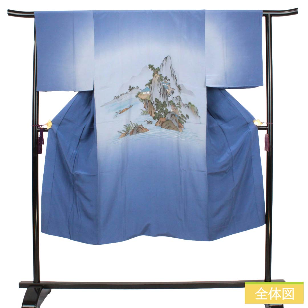 メンズ襦袢 正絹 Sランク 身丈133cm 裄丈66.5cm 移色(うつしいろ) 風景画 山水画 袷 青系 1140000872317