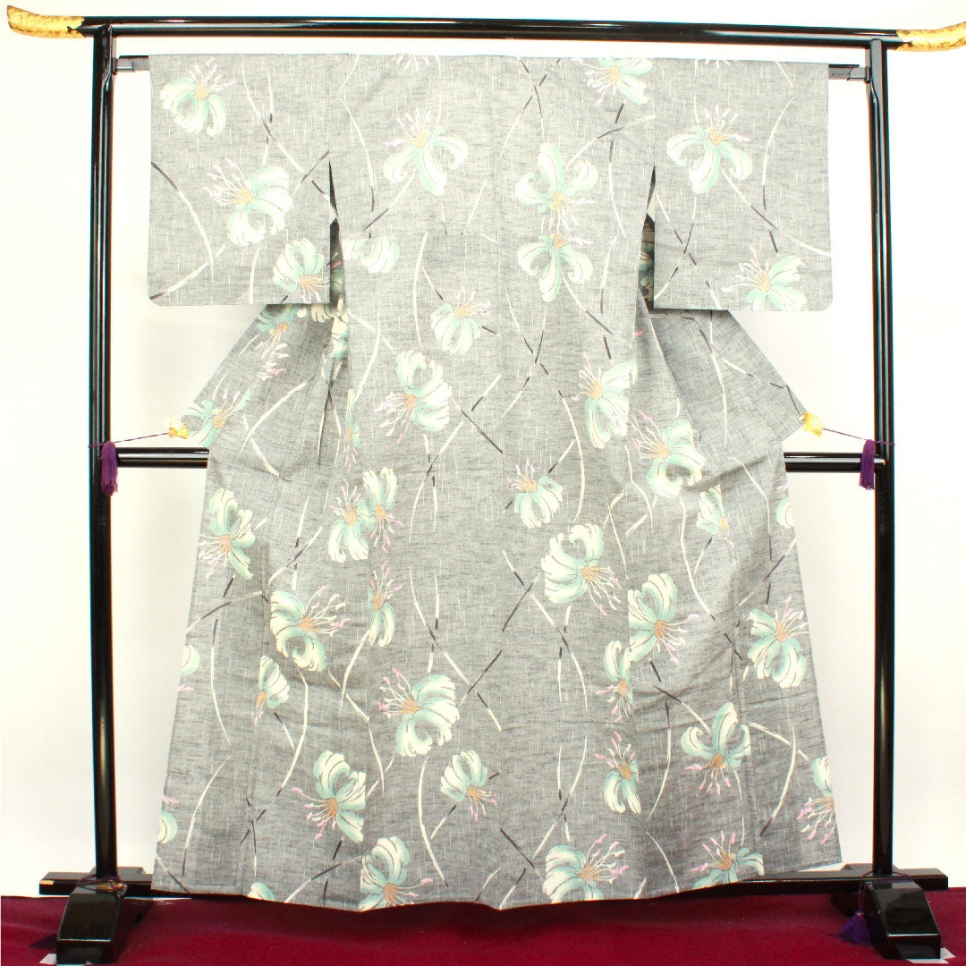 浴衣 竺仙 しつけ糸付き 未使用品 錫色 百合 木綿 Sランク 単衣 身丈160cm 裄丈65.5cm グレー系 1118003362422