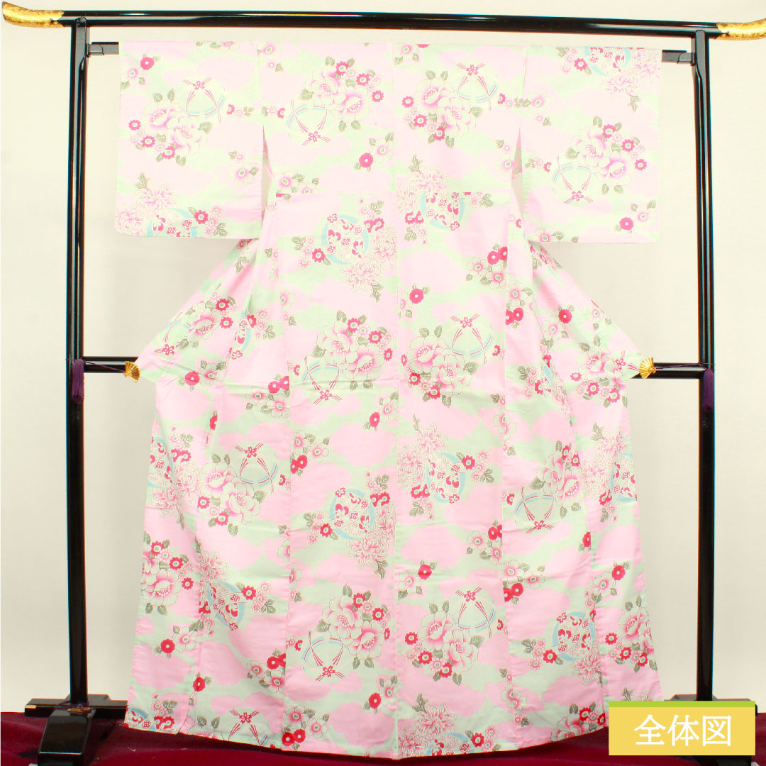 浴衣 木綿 身丈167cm 裄丈64cm Sランク 単衣 緑系 白緑色(びゃくろくいろ) 菊 鞠 雲取り 1118004662519