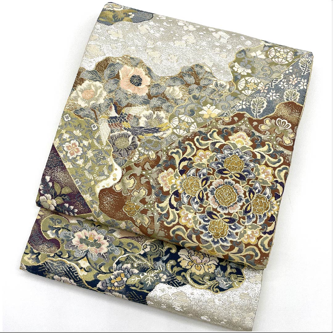 (未仕立)袋帯 銀色 黄金繭 貝紫 みつる帯 帯丈460cm 正絹 Sランク 六通 フォーマル 銀系 1123009332422