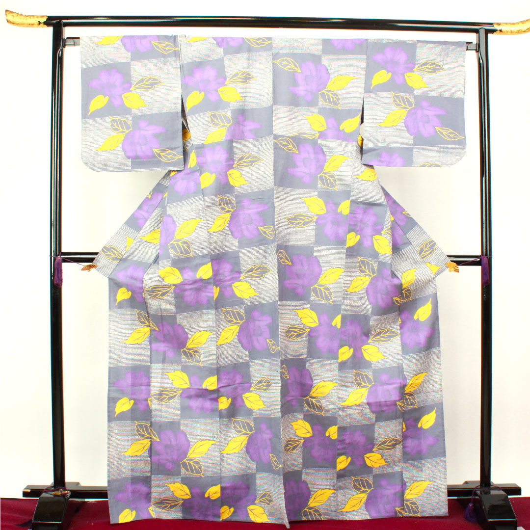 浴衣 しつけ糸付き 未使用品 灰青色 花模様 市松 木綿 Sランク 単衣 身丈170cm 裄丈67cm グレー系 1118002172622