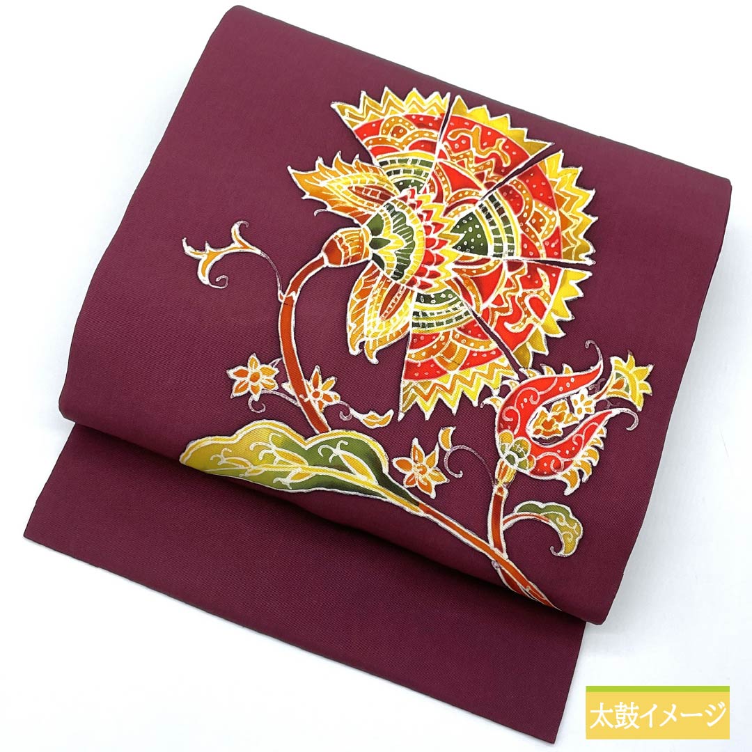 名古屋帯 赤紫色(あかむらさきいろ) 染め帯 抽象花 帯丈348cm 正絹 Sランク ポイント柄 カジュアル 紫系 1124007622320 名古屋仕立て