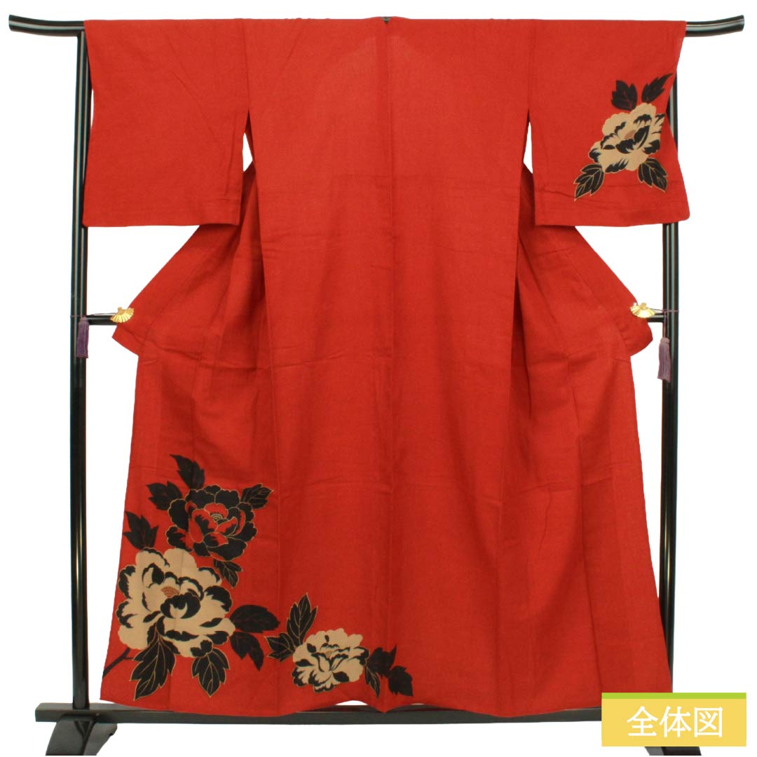 浴衣 木綿 Sランク 身丈157cm 裄丈68cm 紅絹色(もみいろ) コシノジュンコ 蚊絣 牡丹 単衣 赤系 1118007352312