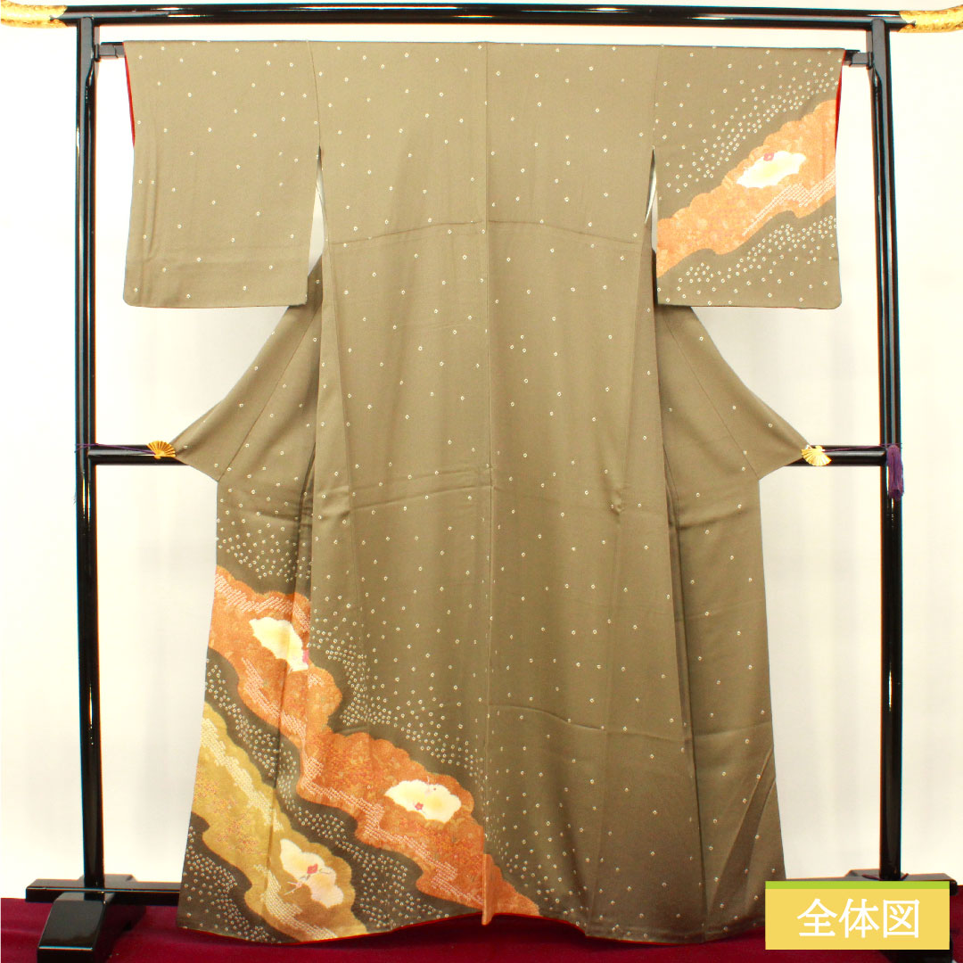 訪問着 正絹 袷 身丈162.5cm 裄丈66.5cm 砂色 刺繡 部分絞り スーパー鈴ガード Sランク グレー系 1112003632422