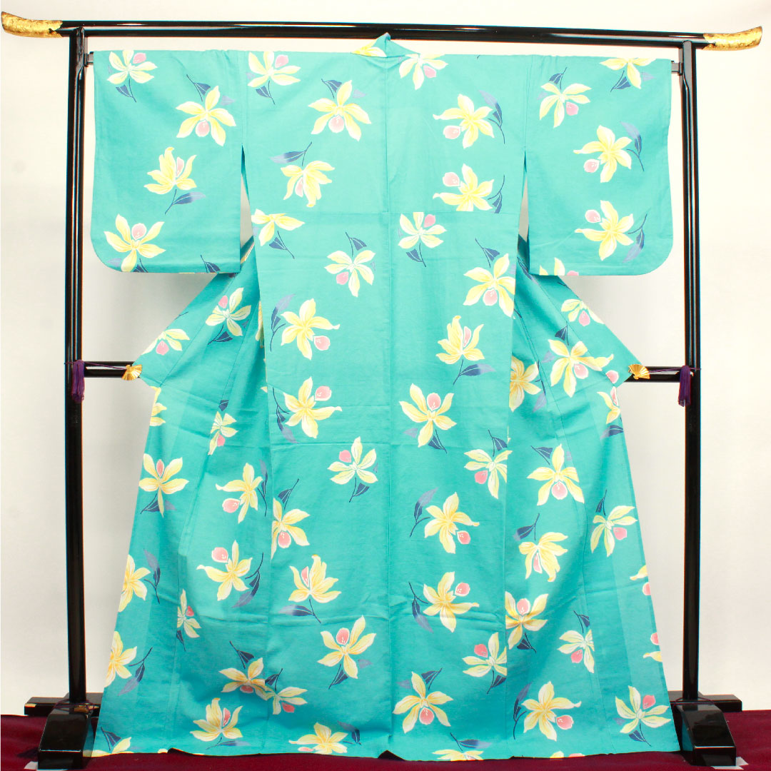 浴衣 水浅葱色 鬼灯 木綿 Sランク 単衣 身丈175.5cm 裄丈70.5cm 水色系 1118003022824