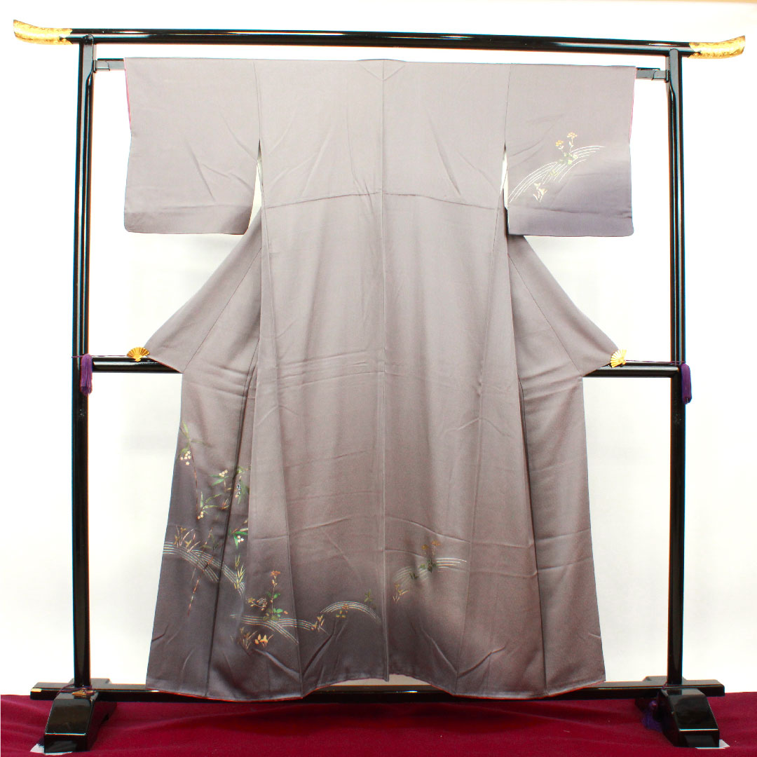 訪問着 正絹 袷 身丈156cm 裄丈63cm 錫色 金彩加工 草花模様 Sランク グレー系 1112002942322