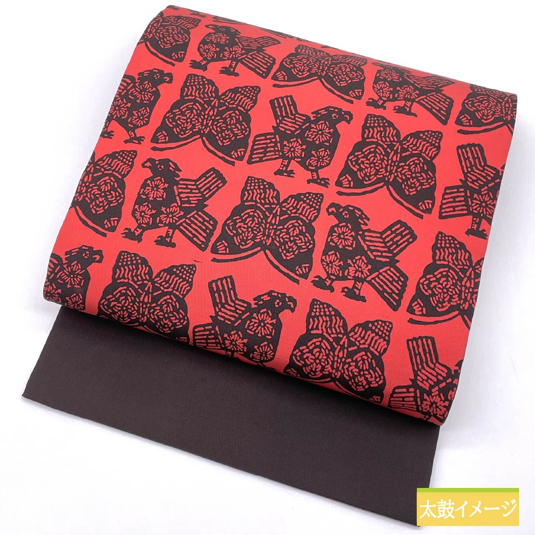 名古屋帯 紅色(べにいろ) 型染 塩瀬 蝶 帯丈370cm 正絹 Sランク 全通 カジュアル 赤系 1124007682312 名古屋仕立て