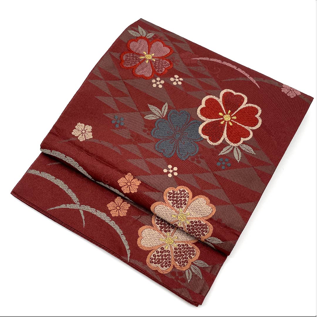 名古屋帯 京袋帯 深緋色 芝草 桜 鱗 唐草 帯丈381cm ポリ Sランク 六通 セミフォーマル 朱系 1124003322316 開き仕立て