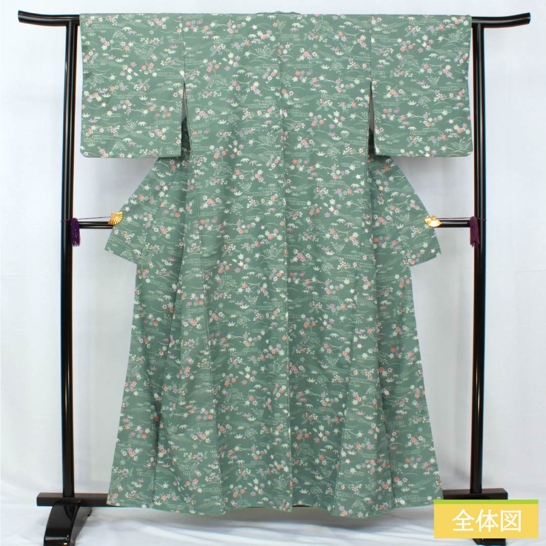 小紋 ポリエステル 身丈158.5cm 裄丈63cm 袷 山藍摺色(やまあいずりいろ) 洗える着物 草木模様 Aランク 緑系 1115005143319