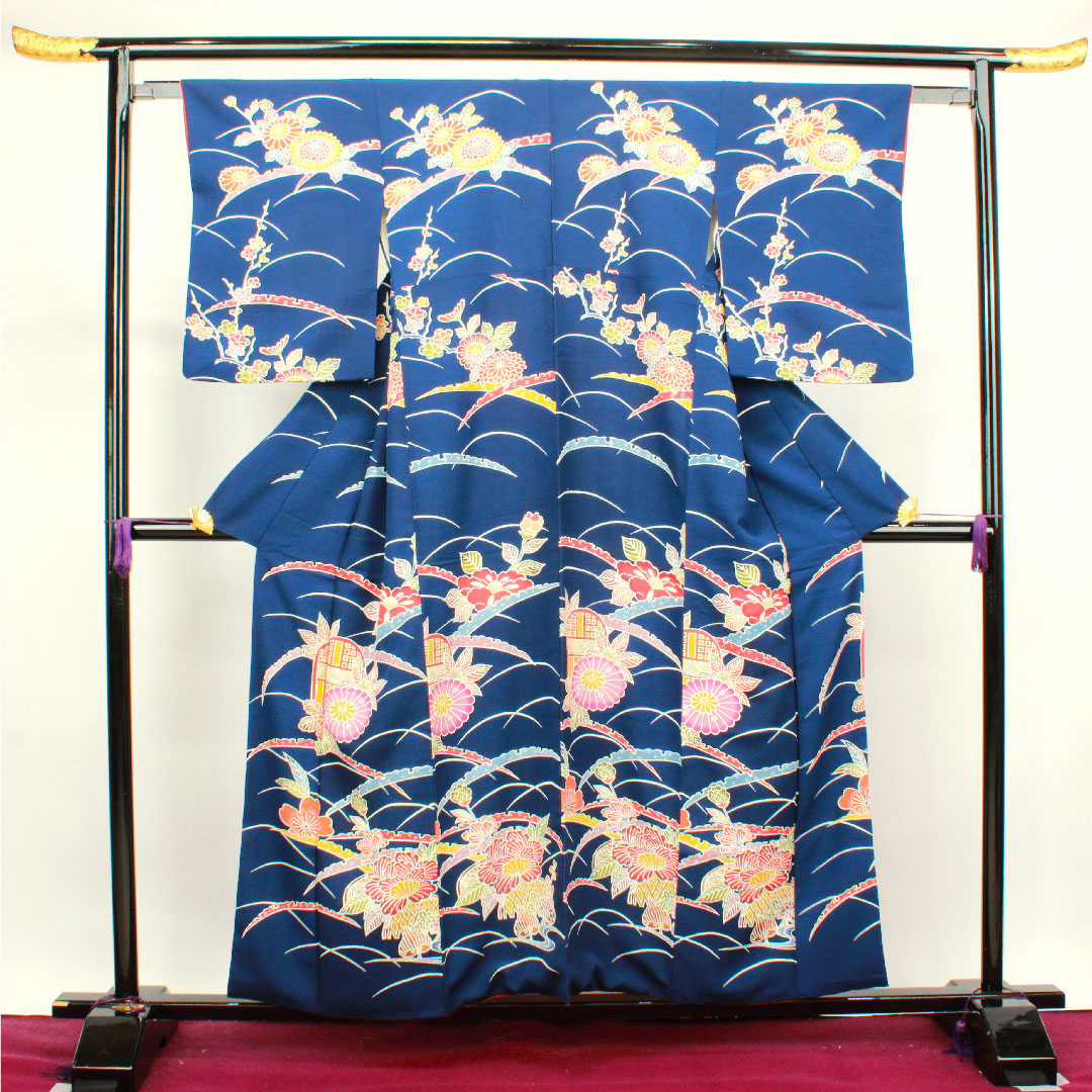 小紋 身丈156.5cm 裄丈62cm 袷 紺藍色 京紅型 菊 露芝 正絹 Sランク 紺系 1115003382318