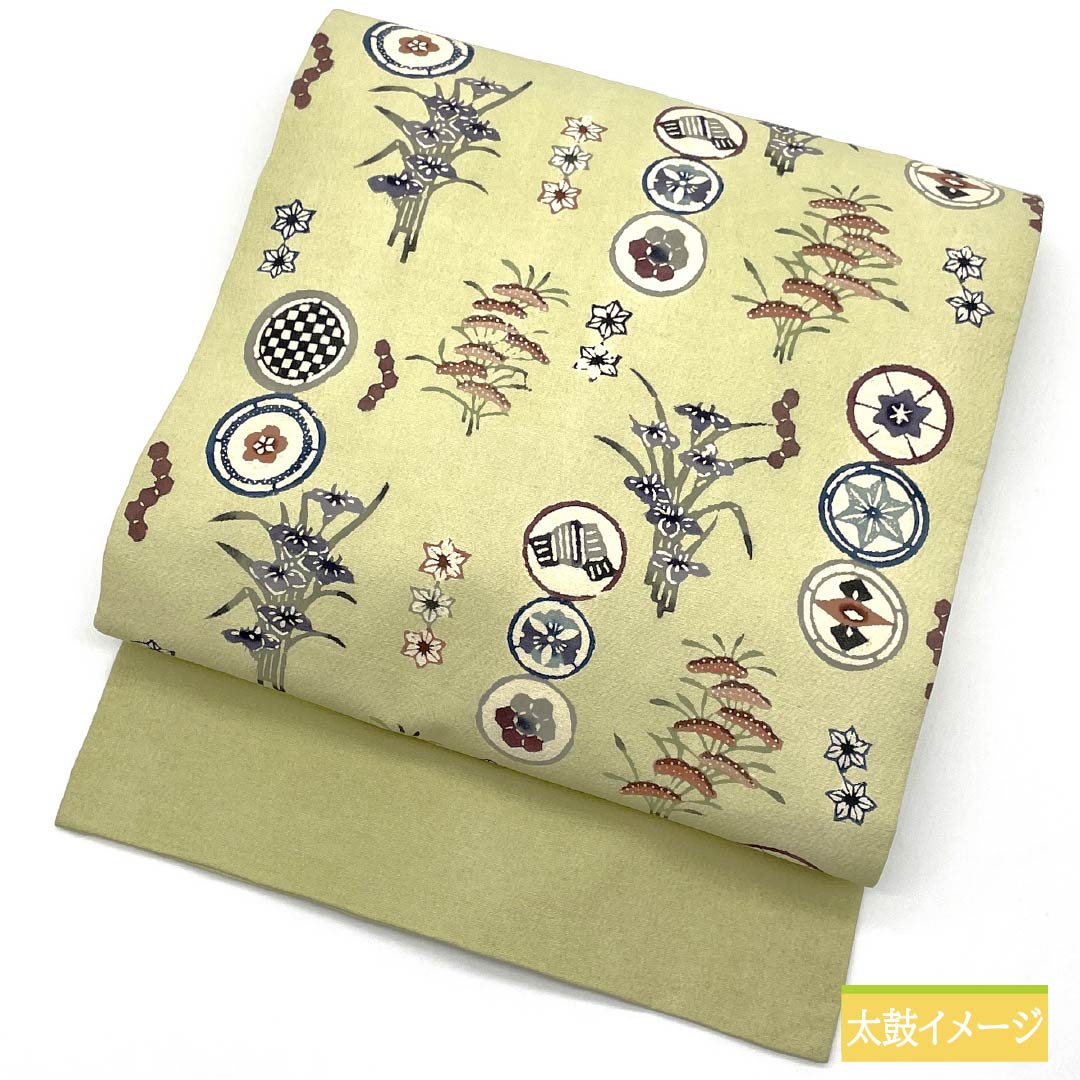 Nagoya obi, sulfur color, Kyoto Bingata, round crest, pine, obi length 341cm, pure silk, A rank, six-pass, casual, green, 1124007593319, Nagoya style