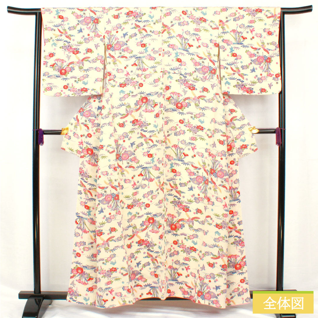 小紋 正絹 身丈157cm 裄丈64cm 袷 生成り色(きなりいろ) 京紅型 吉祥文様 Aランク クリーム系 1115004893315