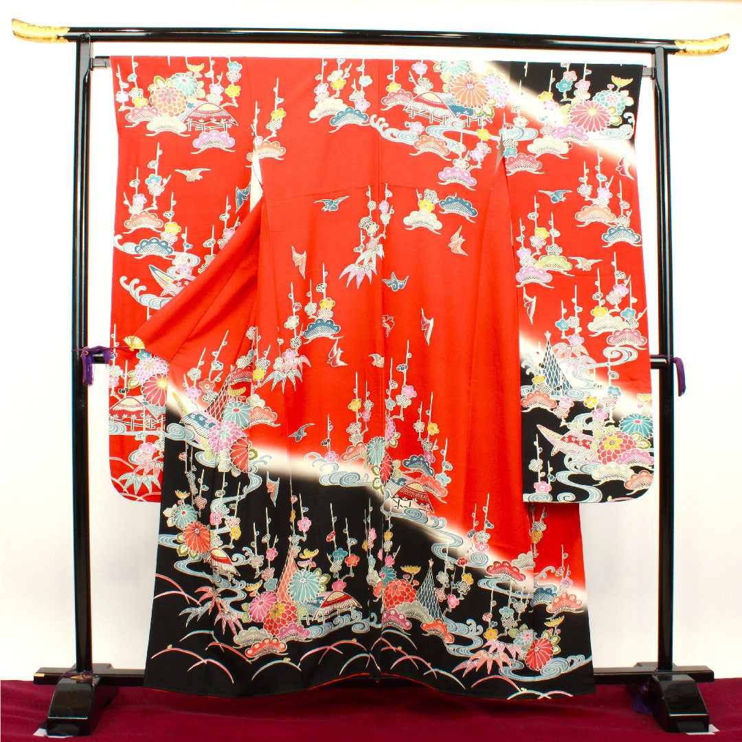 振袖 身丈158cm 裄丈66cm 袷 緋色 京紅型 松竹梅 菊 鳥 吉祥文様 正絹 Sランク 赤系 1113001602312
