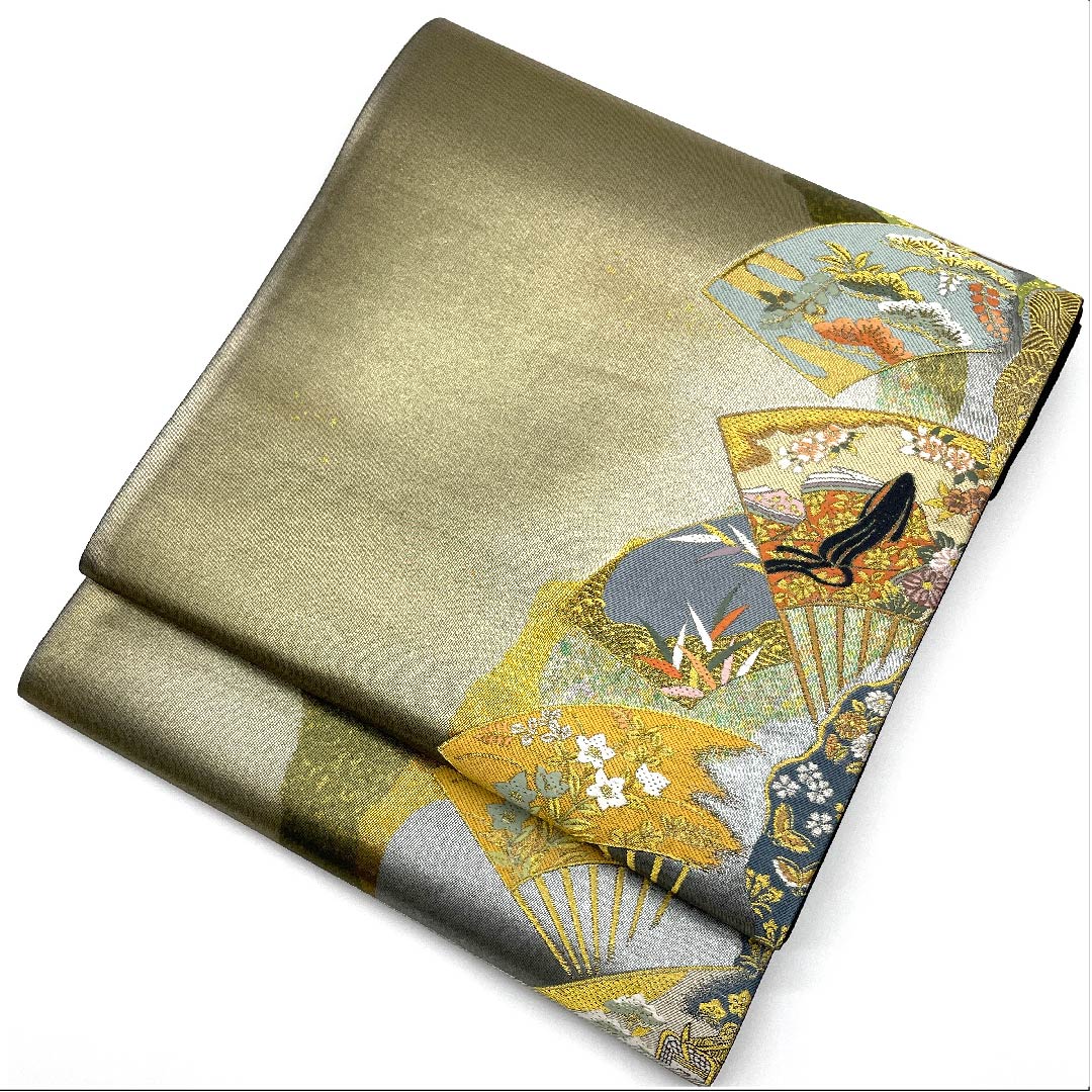 (Unmade) Fukuro Obi (kishu brown) Murasaki Shikibu Ogi Ichizo Obi length 462cm Pure silk A rank Six-pass Formal Gray 1123007943422