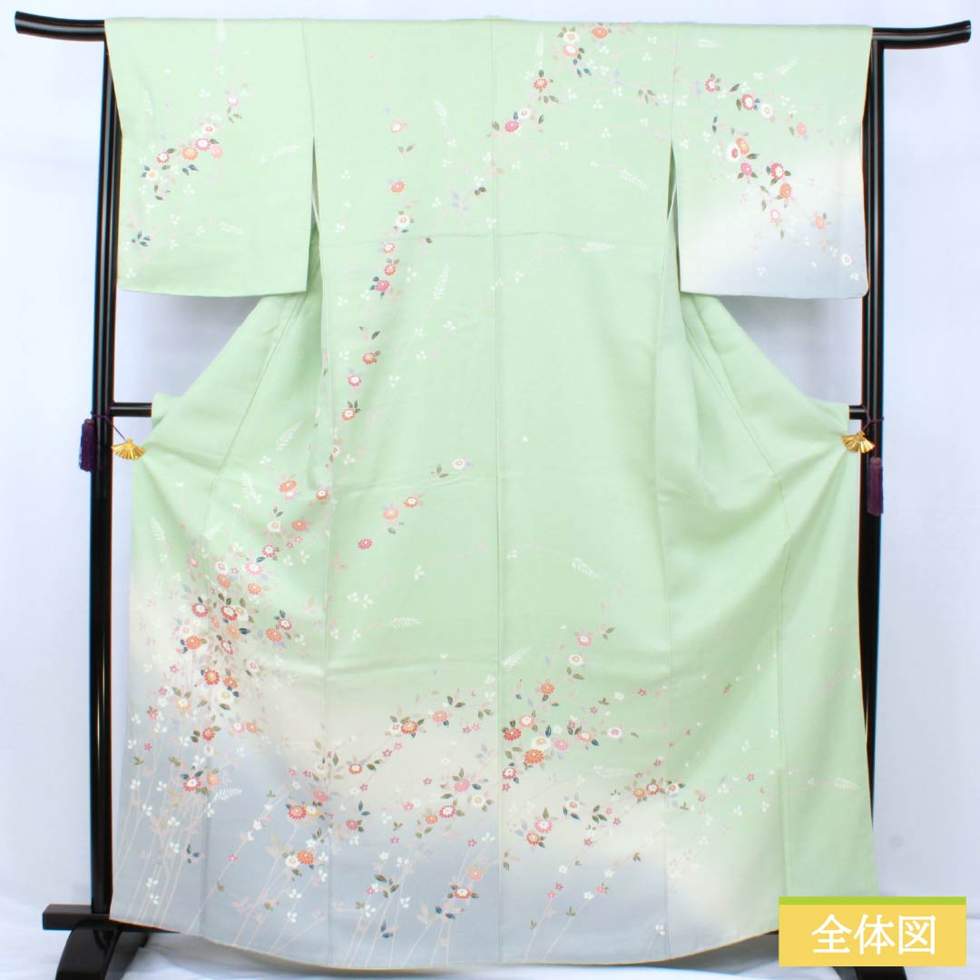 訪問着 正絹 Sランク 袷 身丈166.5cm 裄丈62cm 薄緑色(うすみどりいろ) 京友禅 草花 しつけ糸付き 緑系 1112007602519