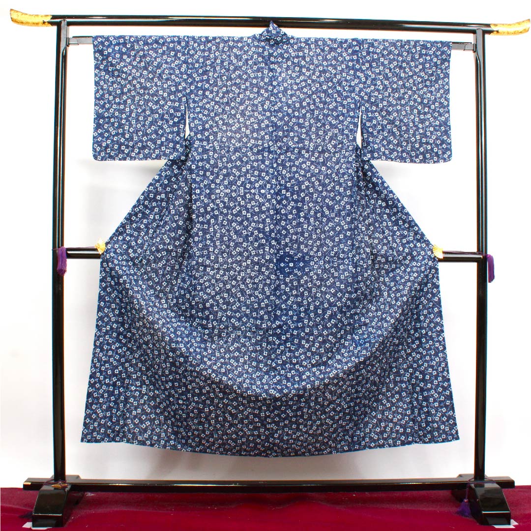 浴衣 濃紺色 花模様 木綿 Aランク 単衣 身丈152cm 裄丈63cm 紺系 1118004073218