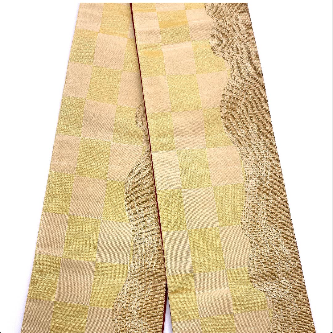 半幅帯 ポリエステル 支子色(くちなしいろ) リバーシブル 市松模様 波模様 帯丈408cm 黄系 Sランク 1125000992423