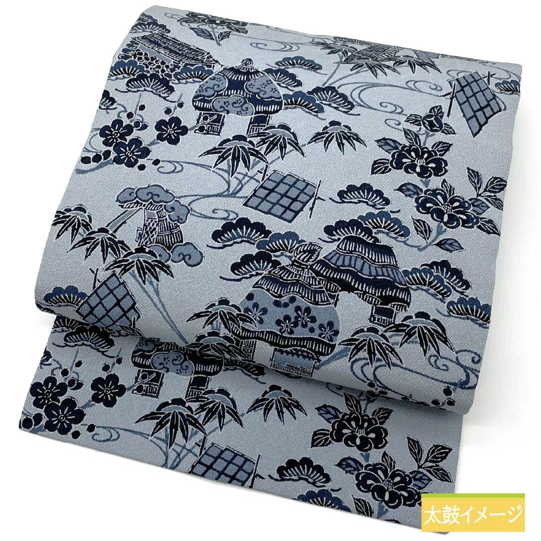 名古屋帯 京鼠色(きょうねずいろ) 京紅型 松竹梅 紅型調 帯丈374cm 正絹 Sランク 全通 カジュアル グレー系 1124006782322 名古屋仕立て