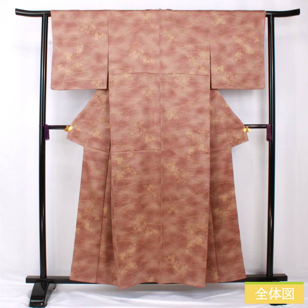 小紋 正絹 身丈157.5cm 裄丈62.5cm 袷 栗梅色(くりうめいろ) 水柿色(みずがきいろ) 型染 露芝 草花 Sランク グラデーション系 1115005392399