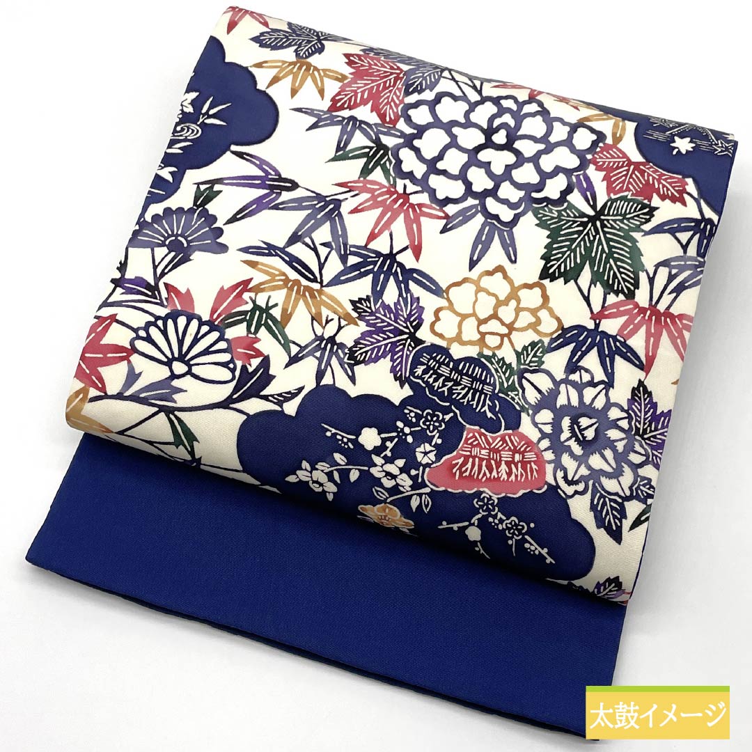 名古屋帯 生成り色(きなりいろ) 京紅型 牡丹 紅葉 帯丈348cm 正絹 Aランク 六通 カジュアル クリーム系 1124006773315 開き仕立て