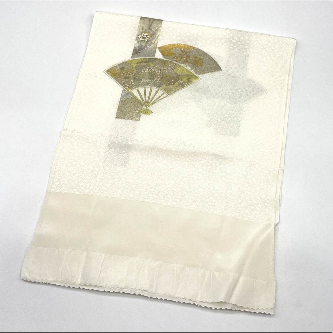 帯揚げ 正絹 Sランク フォーマル 乳白色(にゅうはくしょく) 扇面 短冊 金彩加工 長さ約174cm 幅約29.5cm 白系 1136004642911