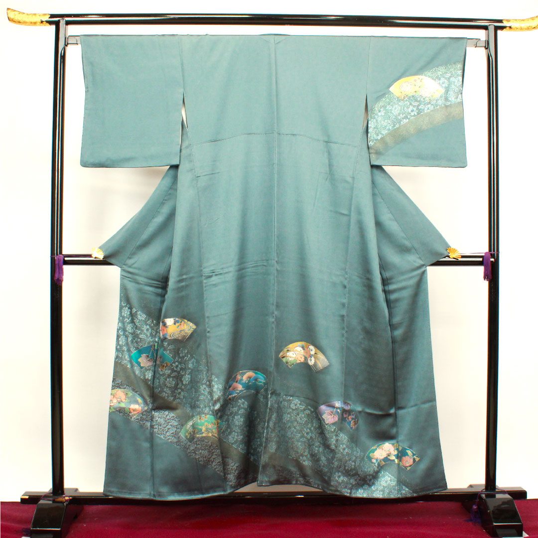 Homongi, lined, length 154.5cm, sleeve length 66cm, rust color, gold leaf finish, fan surface, auspicious motif, pure silk, S rank, blue 1112002682217