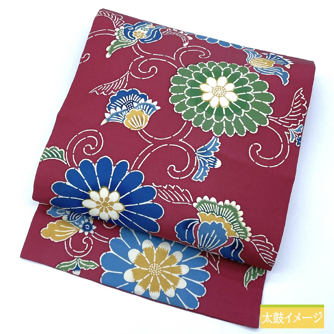 名古屋帯 胭脂紅色(えんじこういろ) 京紅型 花唐草 帯丈345cm 正絹 Bランク 全通 カジュアル 紫系 1124006644320 名古屋仕立て