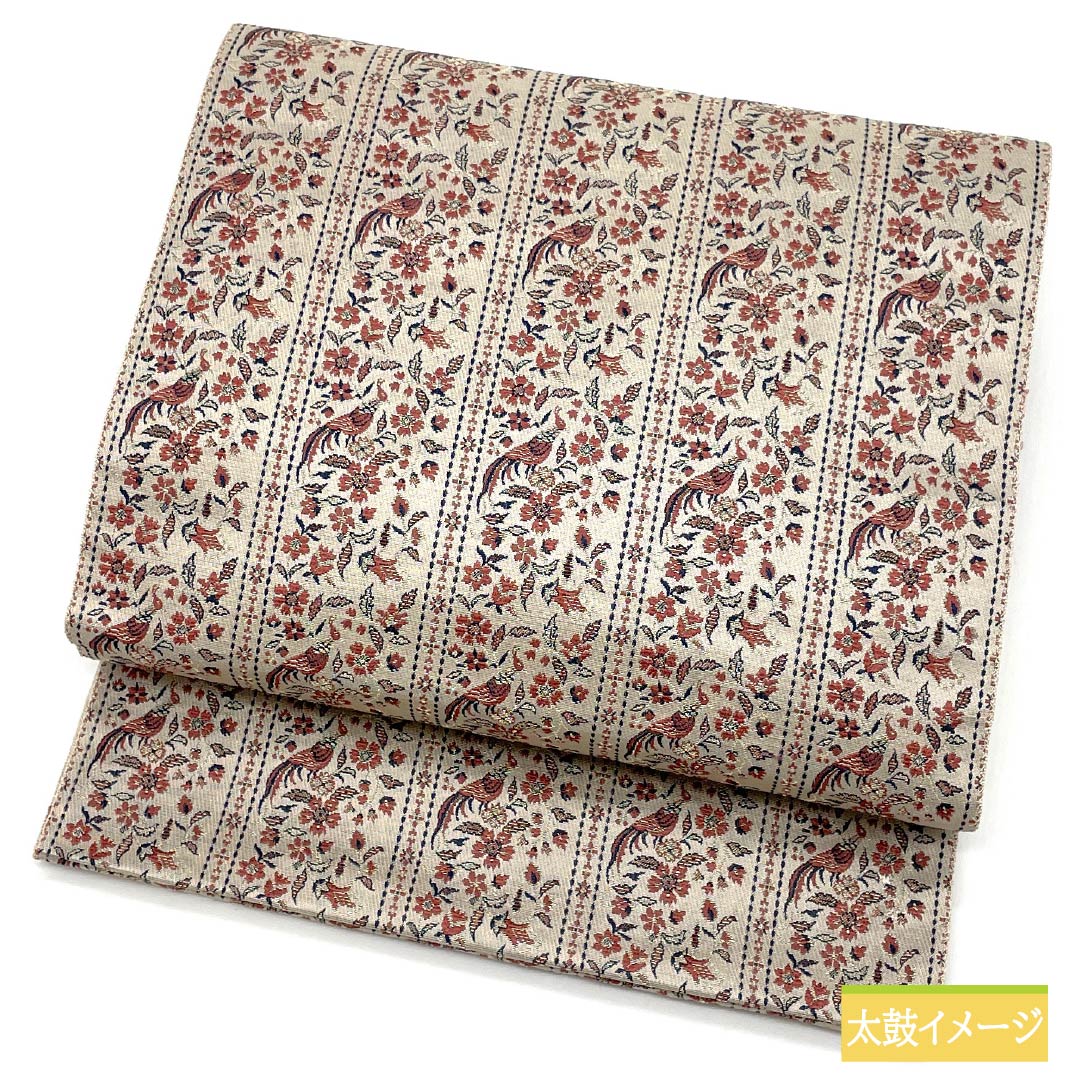 Nagoya obi, grayish white, Nishijin weave, Kodai Nishiki, Segawa, obi length 336cm, pure silk, S rank, full length, casual, pink, 1124007502313, Matsuba style