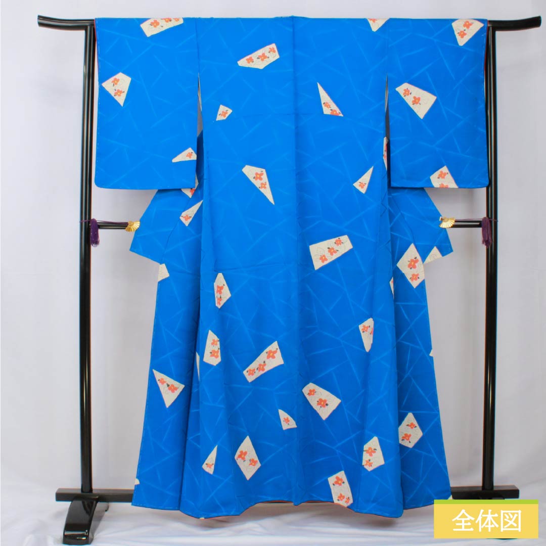 小紋 正絹 身丈159cm 裄丈64.5cm 袷 金碧珠色(きんぺきしゅいろ) 京友禅 割付 花 しつけ糸付き Aランク 青系 1115005753317