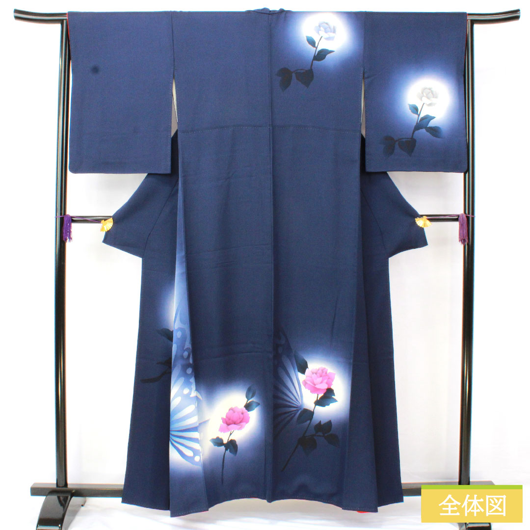 訪問着 正絹 袷 身丈159cm 裄丈65cm 濃紺色(のうこんいろ) 蝶 薔薇 Aランク 紺系 1112005883318