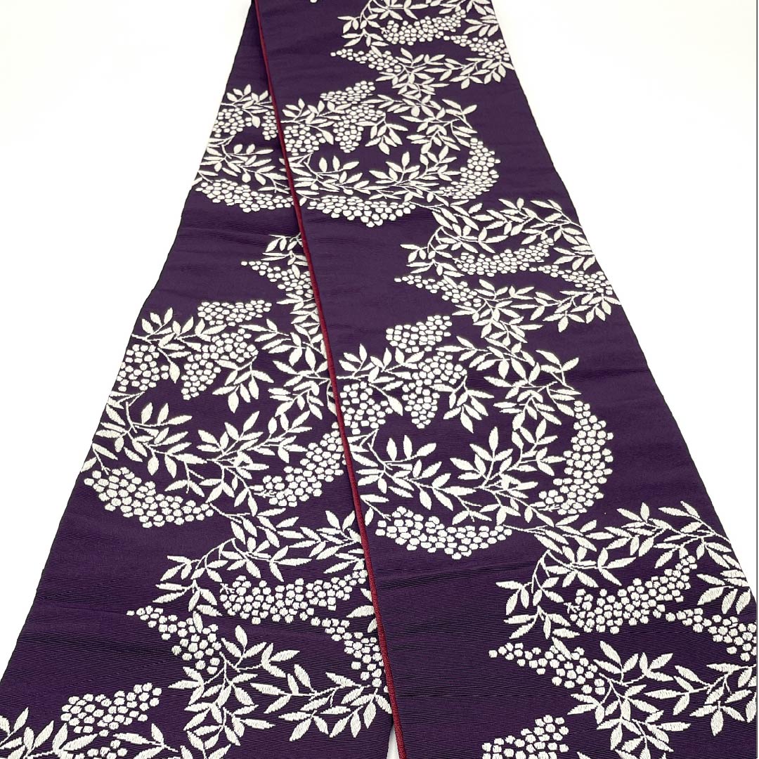 半幅帯 ポリエステル 茄子紺色(なすこんいろ) 南天 帯丈352cm 紫系 Sランク 1125001722320