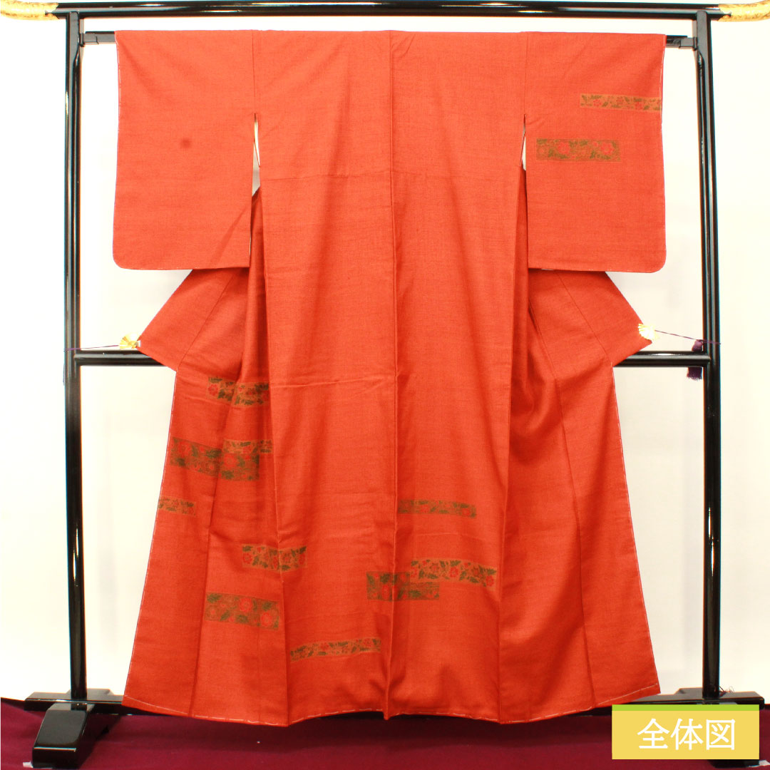 Homongi, pure silk, lined, length 159.5cm, sleeve length 64cm, scarlet, pongee fabric, floral pattern, basting thread included, unused, S rank, orange, 1112004702326