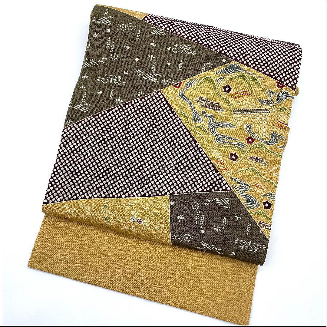 名古屋帯 山吹鼠色 京紅型 栗山工房 吉祥文様 帯丈366cm 正絹 Sランク ポイント柄 カジュアル 茶系 1124005202314 名古屋仕立て
