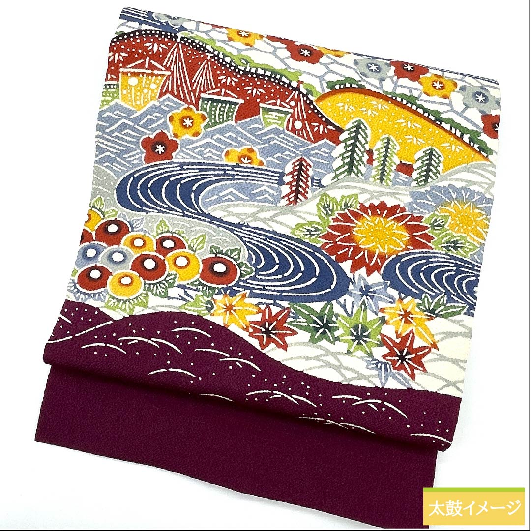 リサイクル着物】名古屋帯 蒲萄色 京紅型 古典柄 花 流水 紅葉模様 帯 
