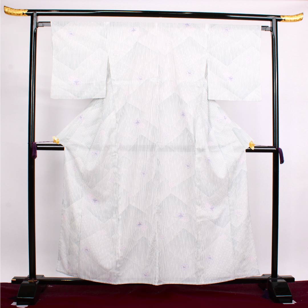 Summer polyester komon, length 160cm, sleeve length 63cm, fish belly white, bird, floral arabesque, diamond pattern, silk, S rank, white, 1132000342411