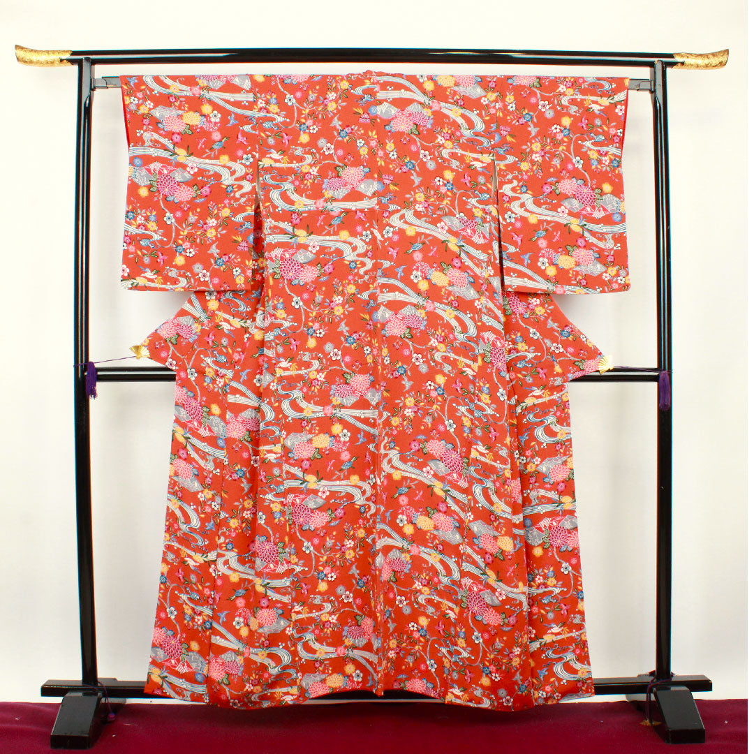 小紋 身丈157.5cm 裄丈64.5cm 袷 赭色 京紅型 草花模様 正絹 Sランク 茶系 1115002462314