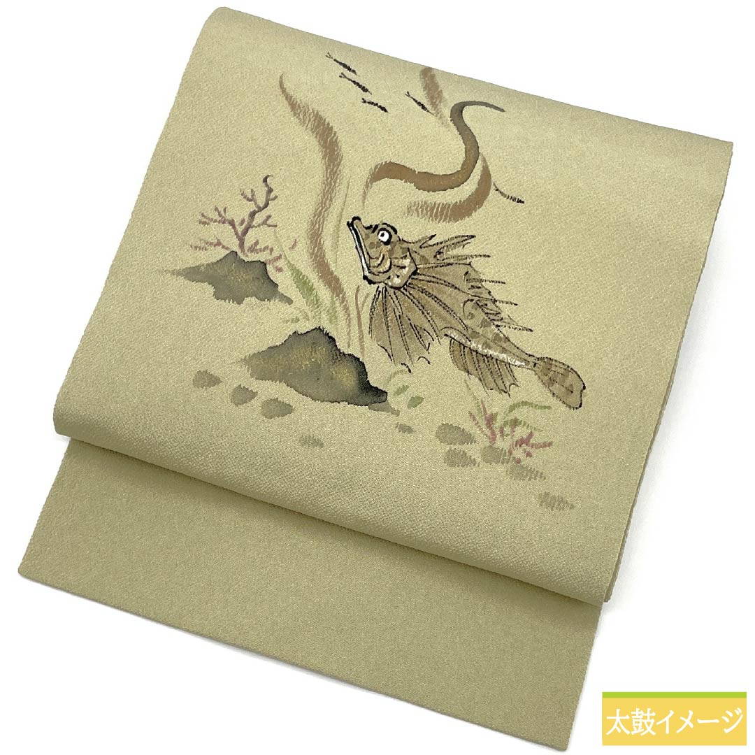 名古屋帯 正絹 Aランク 利休白茶色(りきゅうしらちゃいろ) 染め帯 ちりめん地 おこぜ 帯丈360cm ポイント柄 カジュアル 緑系 1124010543319 名古屋仕立て