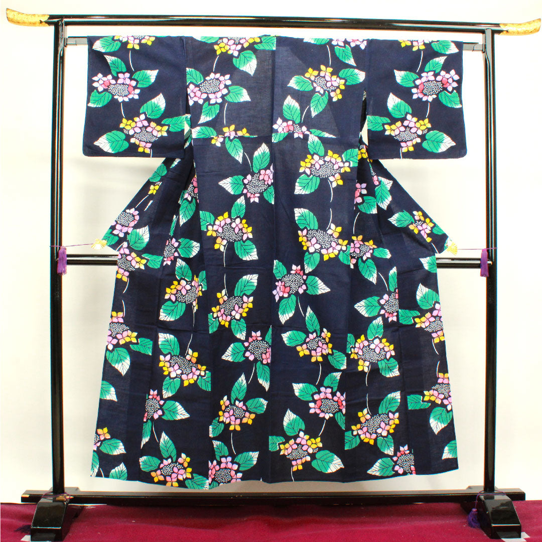 浴衣 濃紺色 紫陽花 木綿 Sランク 単衣 身丈150.5cm 裄丈64cm 紺系 1118003062118
