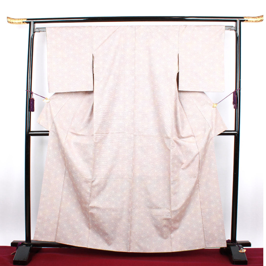 紬 身丈164cm 裄丈61.5cm 鴇鼠色 一斤染色 麻の葉模様 正絹 Aランク 袷 グラデ 1116001773499