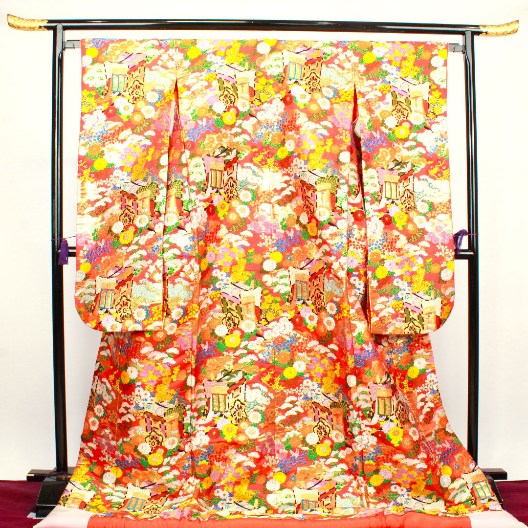 色打掛 身丈192cm 緋色 唐織 御所車 吉祥文様 正絹 Sランク 袷 朱系 1110000242916