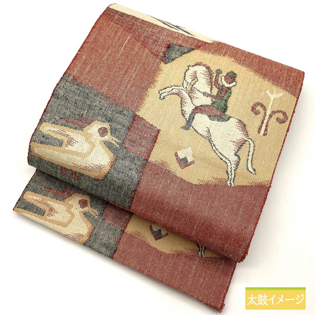 名古屋帯 辰砂色(しんしゃいろ) 紬地 乗馬 鳥 帯丈359.5cm 正絹 Sランク 六通 カジュアル 朱系 1124007492316 松葉仕立て