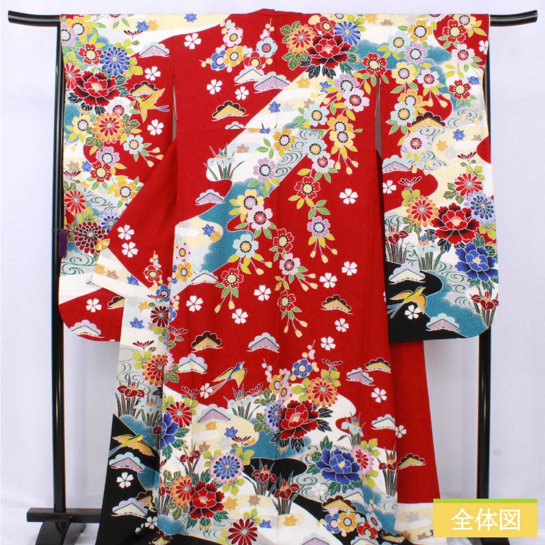 振袖 正絹 Sランク 身丈166.5cm 裄丈65.5cm 袷 真紅色(しんくいろ) 吉祥文様 牡丹 菊 梅 桜 赤系 1113002212512