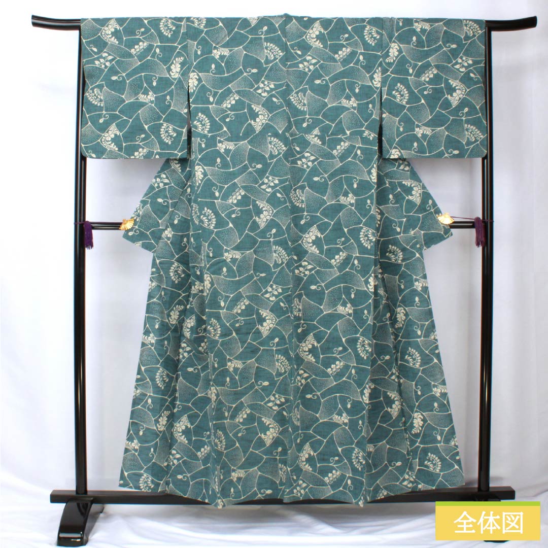 浴衣 木綿 身丈155cm 裄丈66.5cm Sランク 単衣 青系 藍砥茶色(あいとのちゃいろ) 蔦 割付文様 1118005892317