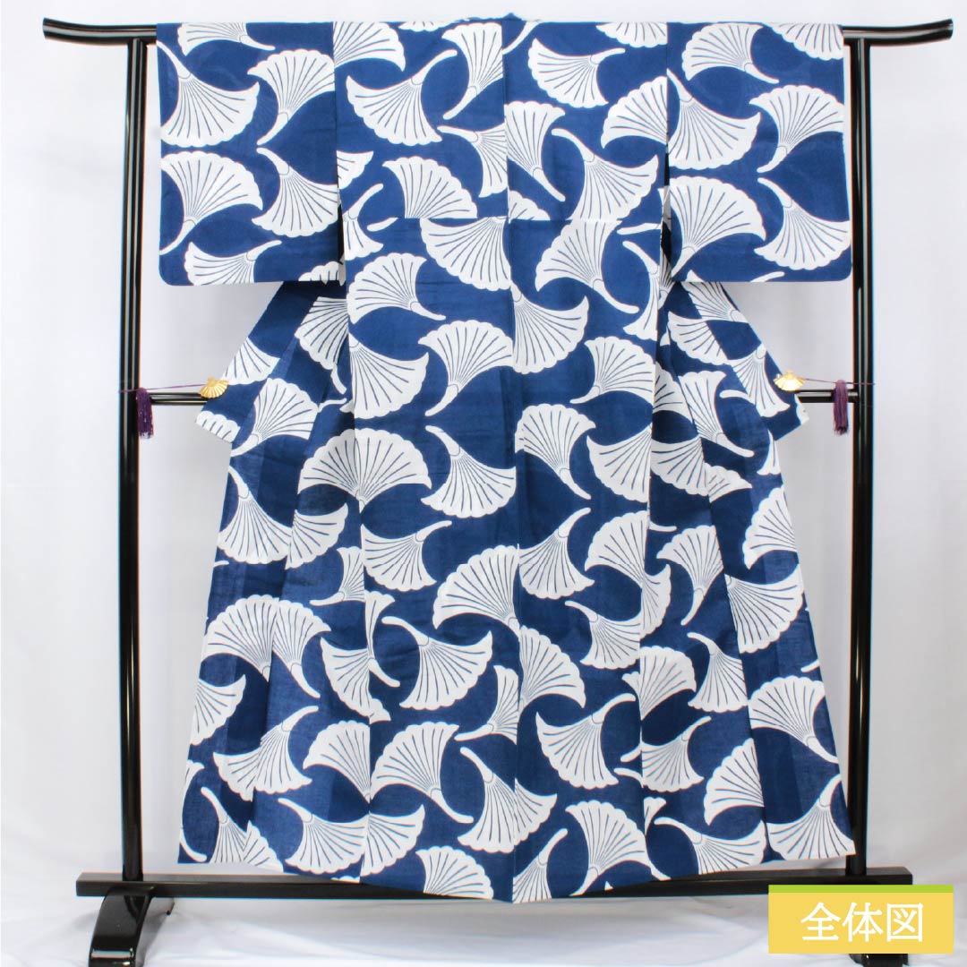Cotton Yukata, Length 155.5cm, Sleeve Length 61.5cm, S Rank, Single Layer, Navy Blue, Ginkgo Pattern, 1118006582318