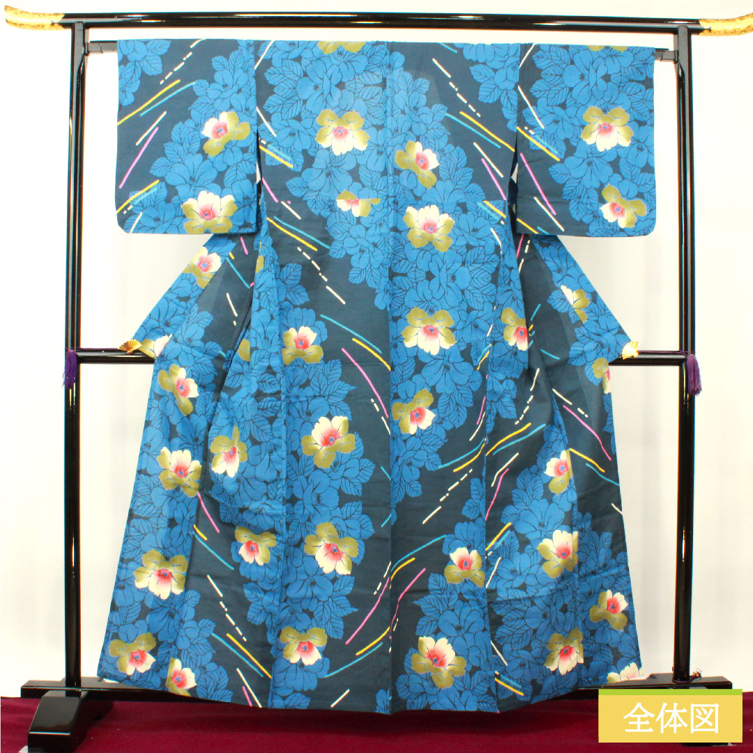 浴衣 木綿 身丈161cm 裄丈65.5cm Sランク 単衣 紺系 紺鉄色(こんてついろ) 山茶花 1118005172418