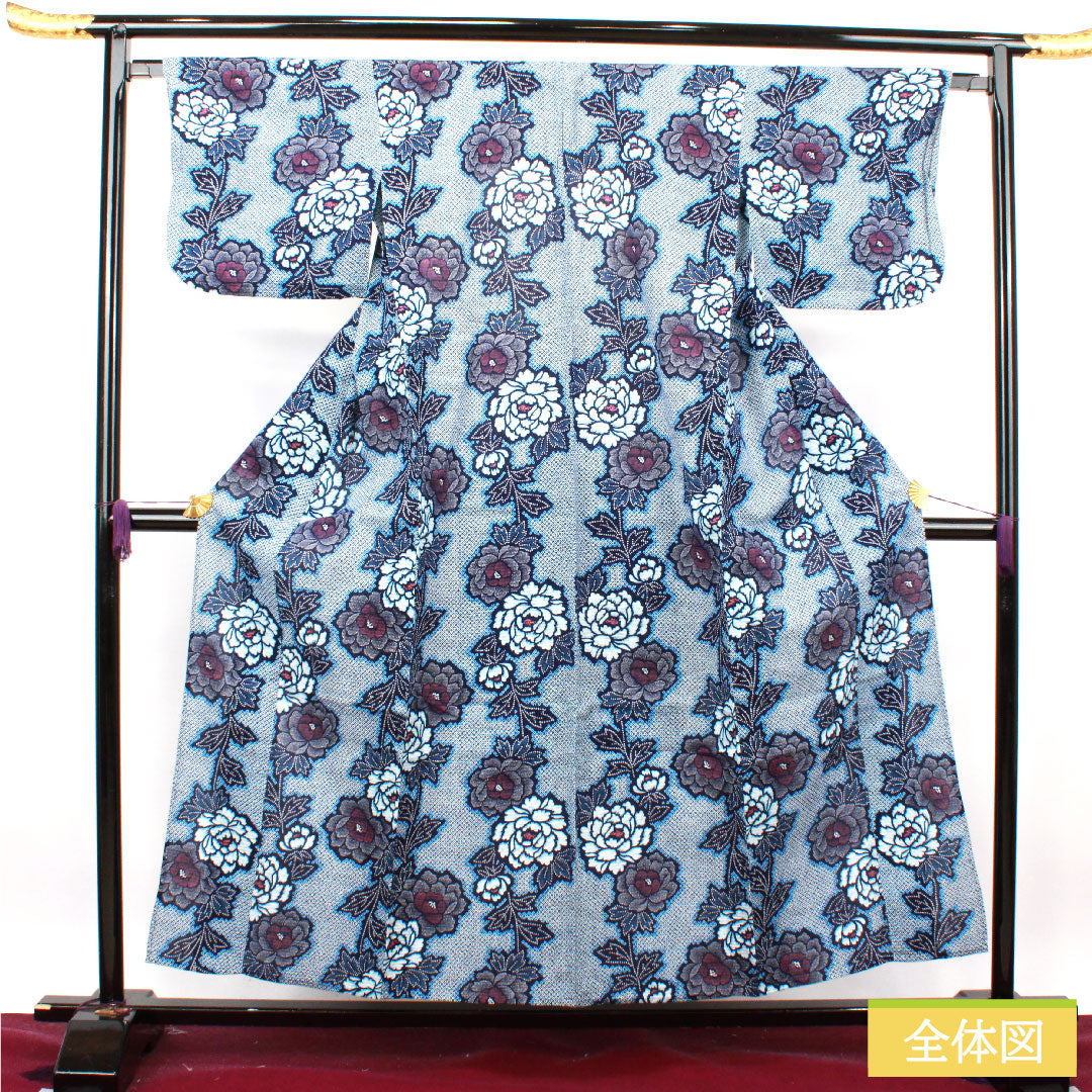 浴衣 木綿 身丈156cm 裄丈65.5cm Sランク 単衣 紺系 濃紺色(のうこんいろ) リップル 牡丹 1118004642318