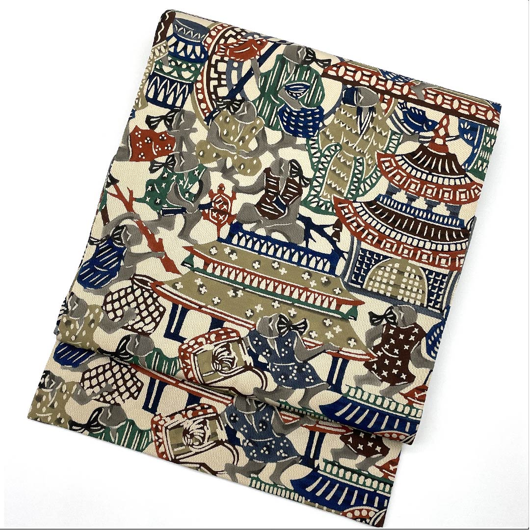 Nagoya obi, natural color, Kyo-Bingata, Urashima Taro, fairy tale, obi length 371cm, pure silk, S rank, full length, casual, beige, 1124005102325, Nagoya style